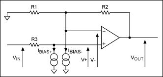 Figure 3. Adding a compensation resistor (R3) to the Figure 2 circuit cancels the effect of input bias currents.