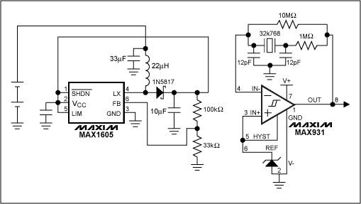 Figure 1. The boost converter operates in its bootstrapped mode, which increases its efficiency. A low-power comparator reduces the current consumption of the 32kHz oscillator used to clock the microprocessor.傳感器