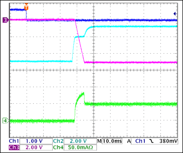 圖10. -5V接通波形，100Ω阻性負(fù)載 = 50mA Ch1 = Q8BASE, Ch2 = -5VGATE, Ch3 = -5VOUT, Ch4 = IIN(-5V) 注釋：-5V擺率大約為1V/ms。