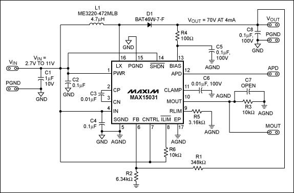 Figure 1. Schematic of the MAX15031 boost converter for FSW = 400kHz (fixed).