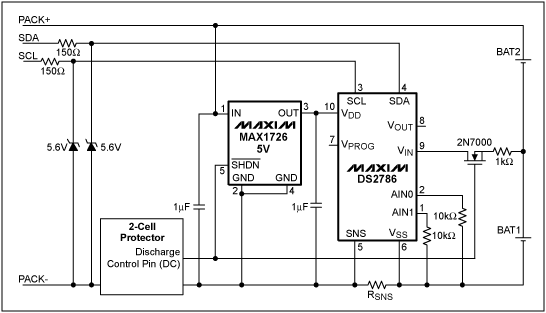 圖1. DS2786在2節鋰離子/鋰離子聚合物電池包中的應用電路