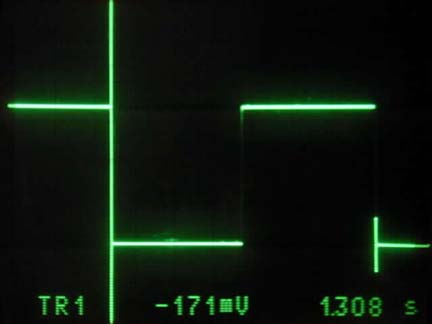 Figure 3. Comparator output; horizontal scale = 200mS/div, vertical scale = 500mV/div, supply voltage = 1.7V, amplitude = 1.7Vp-p, period = 1.308 seconds.