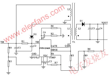 PWM controller + MOSFET實現FLYBACK 示意圖 www.zgszdi.cn