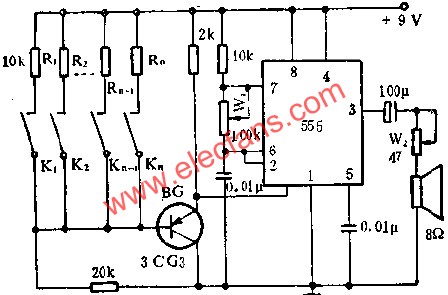 時基集成電路組成簡易電子琴線路圖 www.zgszdi.cn