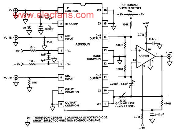 寬帶電壓控制放大器AD539JN應用電路圖