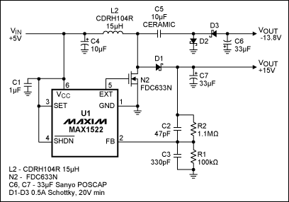 Figure 1. This single-inductor, 200mA power supply derives +15V/-14V from +5V. www.zgszdi.cn