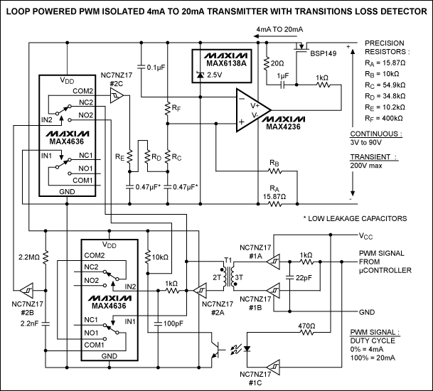 Figure 2. Adding a transitions-loss detector to the Figure 1 circuit eliminates the brief output uncertainty that can accompany a power-up, power-loss, or loss of input signal.