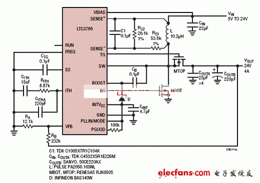 采用電感DCR電流檢測的LTC3786升壓轉換器電路