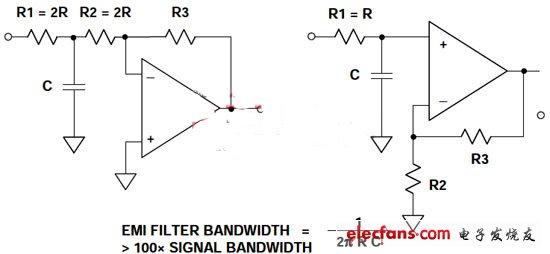 用于運算放大器電路的簡單EMI/RFI噪聲濾波器