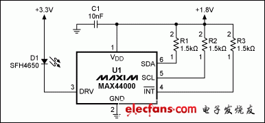 圖1. MAX44000典型電路，包括LED。