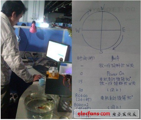 左邊為師兄在調試代碼，右邊是喂魚機實現功能圖示