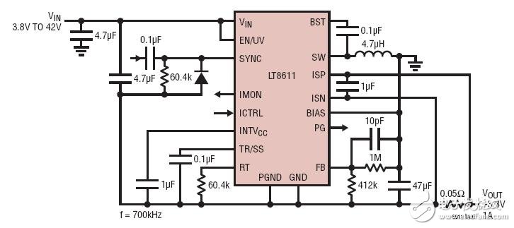 ???3.3V Negative Converter with 1A Output Current Limit具1A輸出電流限值的-3.3V負轉換器電路圖