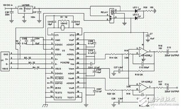 使用PCM2702解碼芯片的USB聲卡電路圖，USB聲卡電路創(chuàng)新設(shè)計(jì)(D/A轉(zhuǎn)換芯片_PCM2702)